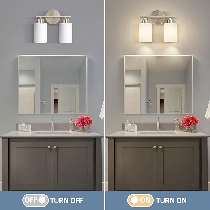 Brushed Nickel Bathroom Light Fixtures, 2-Light Modern Vanity Light Over Mirror, Wall Sconces with Milky White Frosted Glass Shades for Hallway, E26