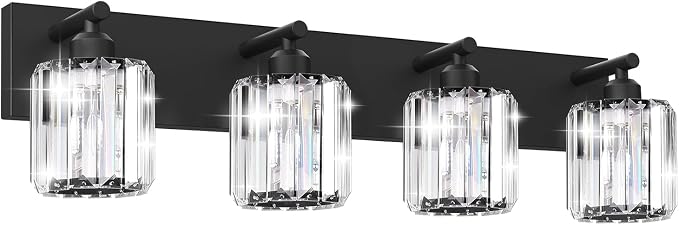 Black Crystal Bathroom Vanity Light, 4-Light Modern Bathroom Lighting Fixtures Over Mirror, Matte Black Wall Sconce Light Fixtures with Round Shade