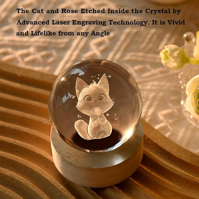 3D Cat Crystal Ball Cat Lovers Gift Cat Themed Present Novelty Cat Holding Rose Gift for Girlfriend Cat Decorative Ball 60mm with Colorful Light Base