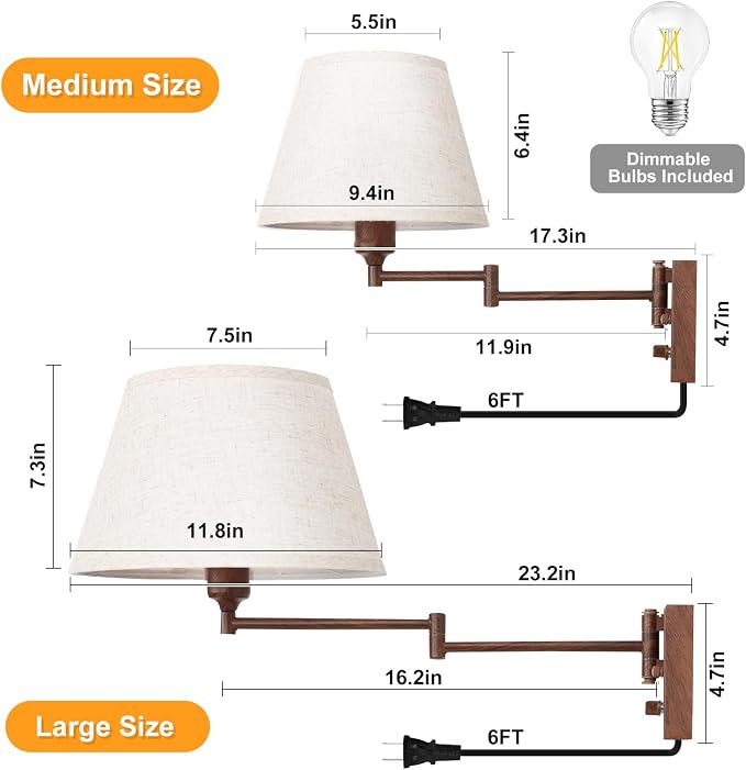 TRLIFE Dimmable Wall Sconce Plug in, Wall Sconces Set of Two Swing Arm Wall Lights with Plug in Cord and On/Off Dimmer Rotary Switch, 11.8" Large Beige Fabric Shade(2 Pack, Walnut Color)