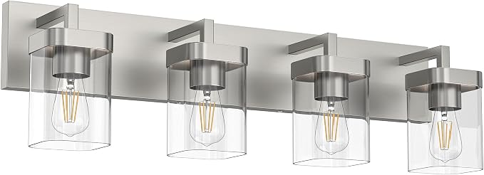 4-Light Bathroom Light Fixtures, Brushed Nickel Vanity Lights for Bathroom, Kitchen, Living Room, Modern Bathroom Vanity Lights with Clear Glass Shades