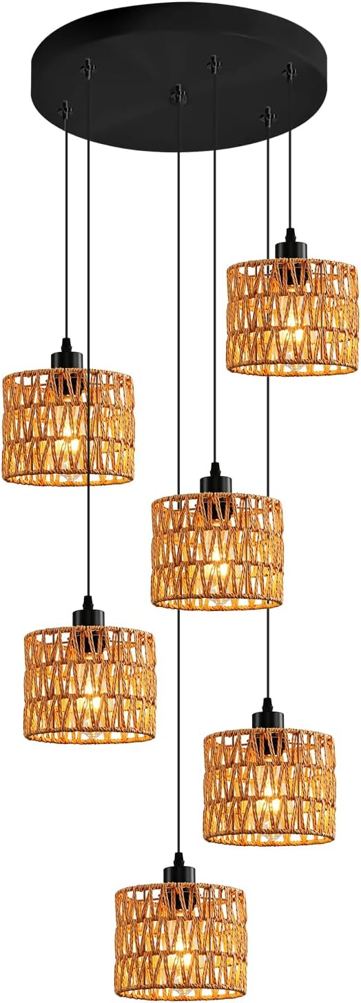 6-Light Coastal Chandelier Hand Woven Wicker Ceiling Lamp E26 Base Black Rustic Adjustable Long Staircase Hanging Lights for Farmhouse Kitchen Island, Boho Rattan Light Fixture