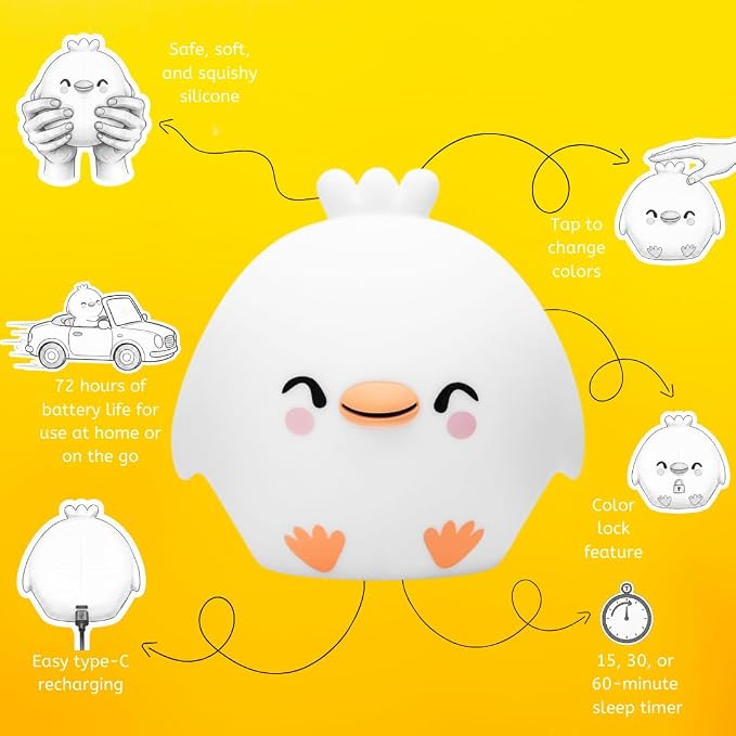 Chick Silicone Night Light for Kids, Squishy Lamp with Remote | Tap Control | Rechargeable 9-Color Changing Soft Glow | Nursery Nightlight for Kids | Portable Animal Nightlight | USB Cord