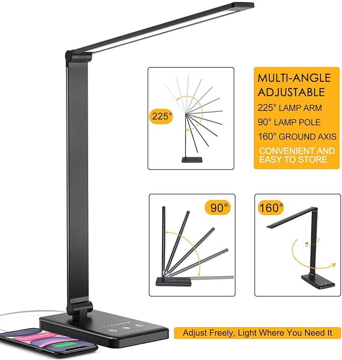 Led Desk Lamp, Desk Lamp with USB Charging Port, 5 Color Modes, 10 Brightness, Natural Light, Eye Caring Reading Lamp, Desk Light for Home Office, Table Lamp, Touch Control, Auto-Timer, Black