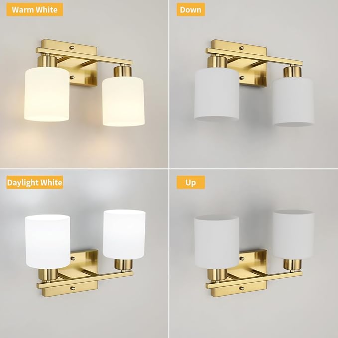 WILON 2 Light Brushed Gold Vanity Light, Bathroom Vanity Lighting Fixtures with Milk White Frosted Glass Shades, Modern Vanity Lights Over Mirror, E26 Wall Sconce for Restroom Living Room Bedroom