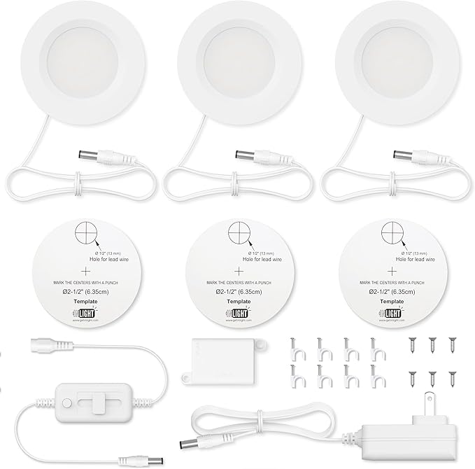 GETINLIGHT 2.75" Under Cabinet LED Puck Lights Kit, Plug-in 12V Set with in-Line Dimmer, 3000K Warm White, Recessed or Surface Mount, ETL Listed, 3-Pack, IN-0102-3-WH