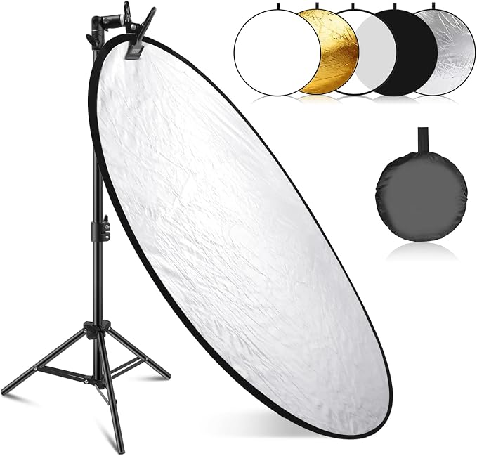 NEEWER 43"/110cm Light Reflector Kit, 5 in 1 Collapsible Round Reflector (Translucent/Silver/Gold/White/Black), Metal Clamp and 21"-43”/53-110cm Short Stand for Low Angle Studio Photography | Foldable, Translucent/Silver/Gold/White/Black, Metal Clamp, ...