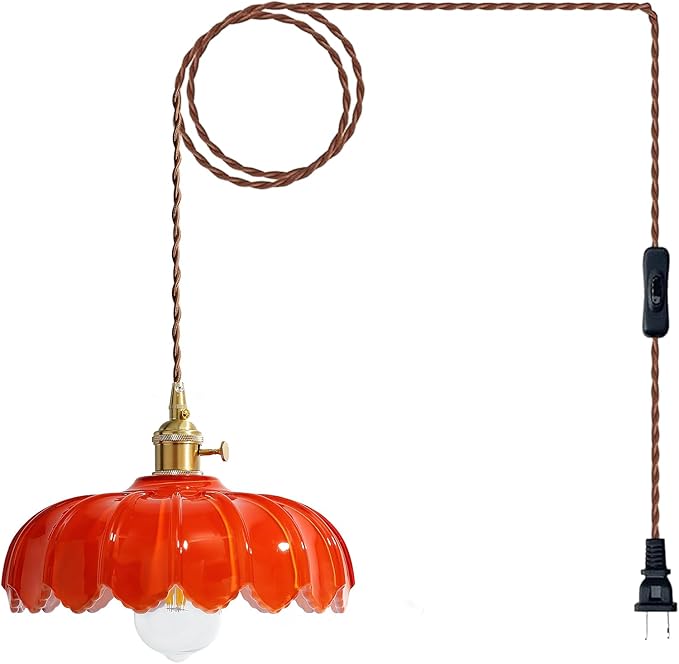 XZHGCEE Plug in Pendant Light: Hanging Light Plug in Orange Glass Hanging Lamp, Pendant Lighting for Kitchen Island, Bedroom, Dining Room, Living Room, E26 No Bulb