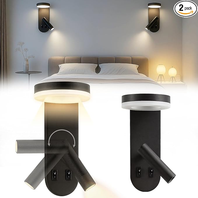 Wall Mounted Reading Lights, 350° Adjustable Bedside Lamps Set of 2 | Independent Switch , Hardwired Installation LED Wall Sconces for Bedroom, Living Room, Study Room (Black, 8.6" x 6" x 4.35")