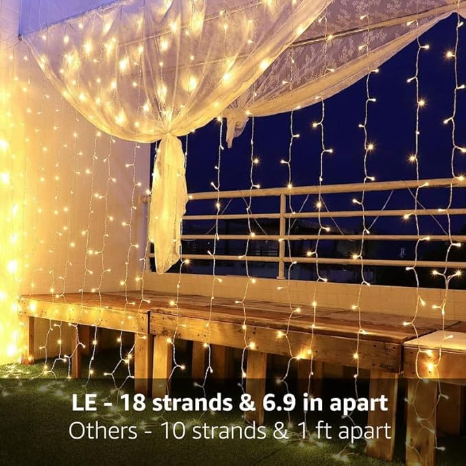 Lighting EVER 306 LED Curtain Lights, 10×10 ft Plug in Hanging Fairy Lights | 18 Hang Down String Lights, 6.9" Apart, High Density Backdrop Lights, Large Size, 8 Modes, Warm White, Not Connectable