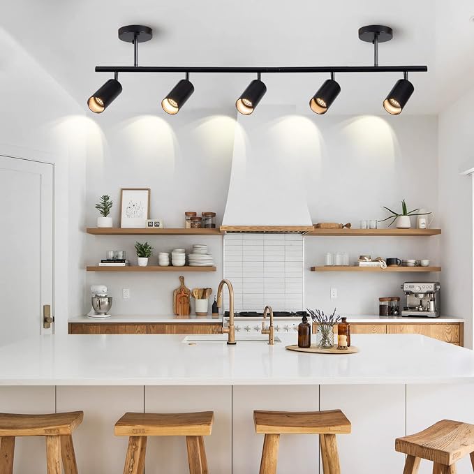 5-Light LED Track Lighting Kit Black Track Light Flexibly Rotatable Light Head Modern Spot Lighting for Kitchen Living Room Dining Room Bedroom Closet Bar