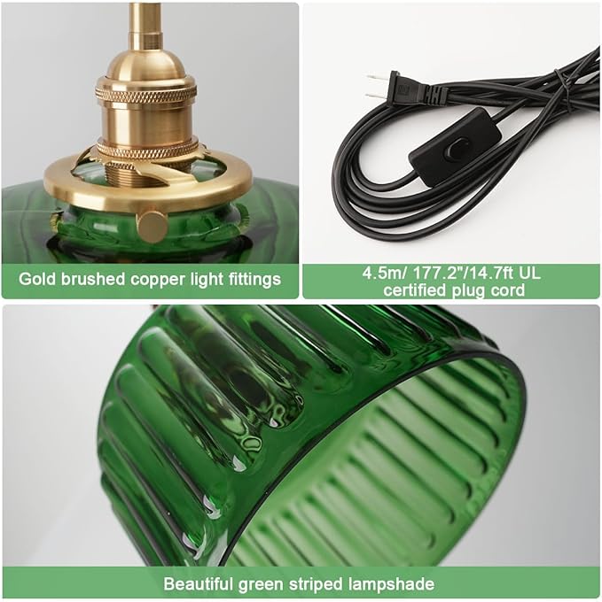Vintage Plug in Pendant Light Fixture - Small Green Striped Glass Shade Adjustable Modern Hanging Lamp with Plug in Cord On/Off Switch Swag Pendant Lights for Kitchen Living Room