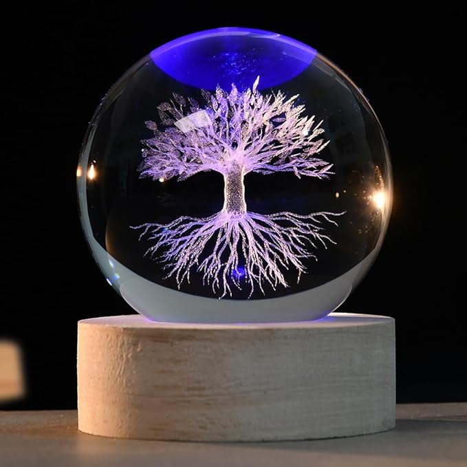 3D Tree of Life Crystal Ball 60mm Life Tree Globe Decor Tree Life Sphere Glass Decorative Ball Tree of Life Gifts for Women with Colorful Light Base