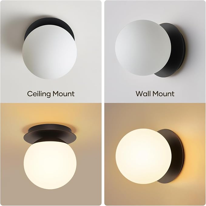 1 Pack Matte Black Wall Sconce, Modern Bathroom Sconce with Milky Globe Glass, Wall Light for Bathroom Mirror, Living Room, Hallway (Bulb Not Included)