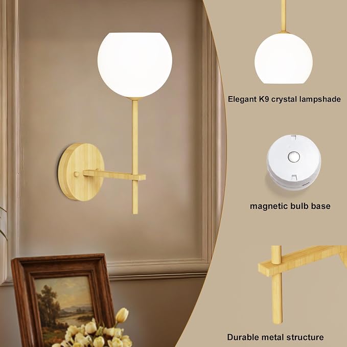 Wood Grain Battery Operated Wall Sconces Set of 2, Rechargeable Wireless Wall Lights with Milky White Frosted Glass, 12 RGB and 3CCT Dimmable Wall Lamps with Remote for Bedroom Living Room Hallway