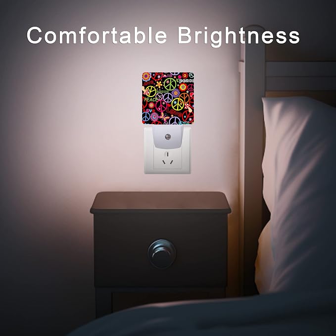 Hippie Peace Flowers Night Light,Hippies Plug-in Night Lights with Dusk-to-Dawn Sensor for Bedroom, Bathroom and Living Room 0.5W Sleep Friendly lamp for for Girlfriend/Boyfriend Gift