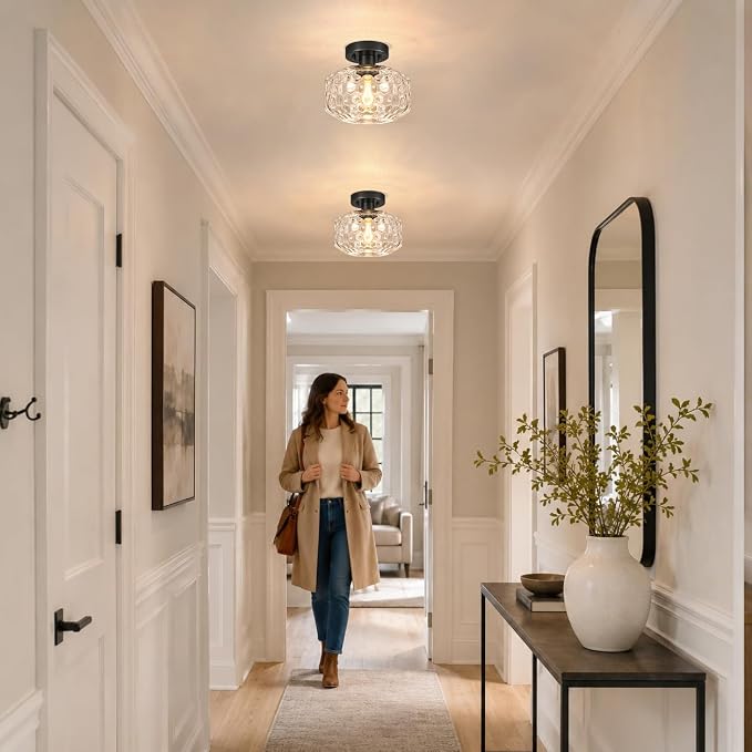 DSMJFU Black Semi Flush Mount Ceiling Light, Vintage Small Ceiling Light Fixture, Hallway Lighting Fixture with Hammered Glass, Kitchen Ceiling Mount Light for Entry Way, Bedroom, Bathroom