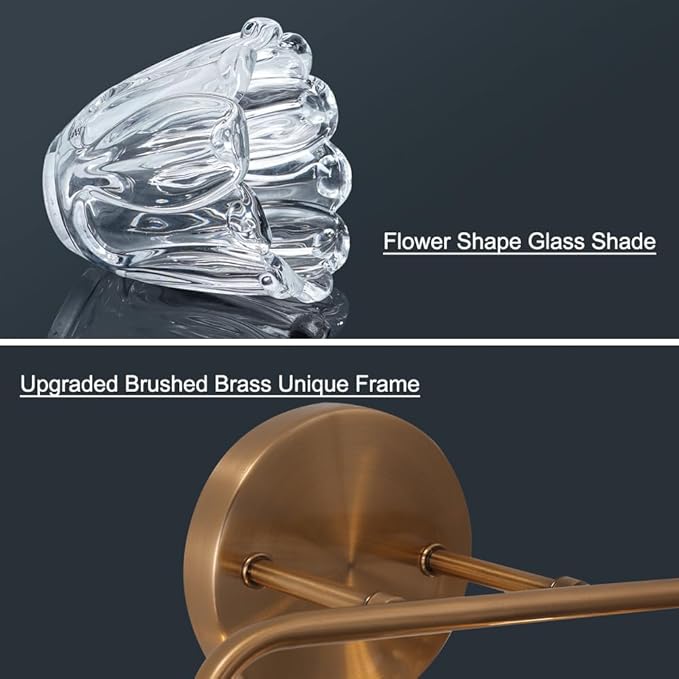 Vintage Brass Vanity Light, 2-Light Bathroom Lighting Fixtures Over Mirror, Elegant Vanity Lighting for Bathroom with Clear Glass Shade, Gold Wall Sconce Lighting for Bedroom, Living Room