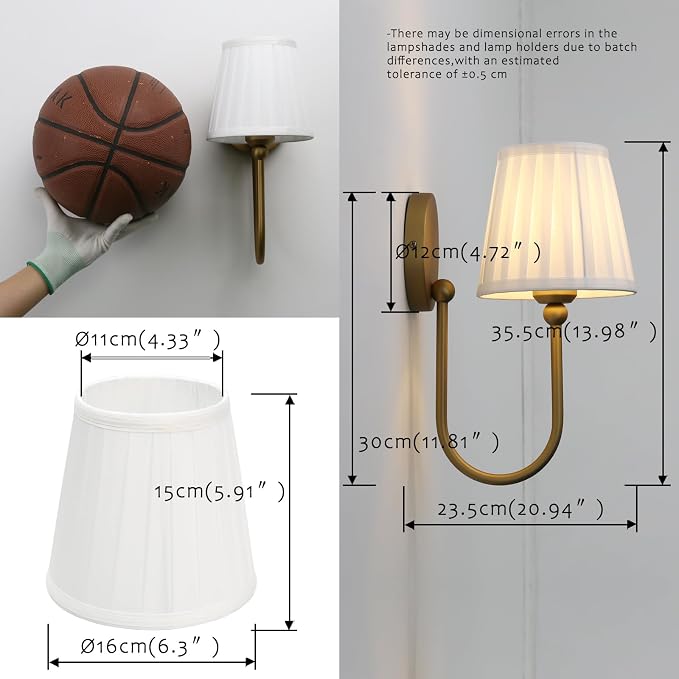 Hardwired Set of 2 Wall Sconces White Pleated Fabric Shade, Vintage Curved Arm Bathroom Vanity Lights, Indoor Wall Decor Lamp for Living Room, Bedroom, Foyer