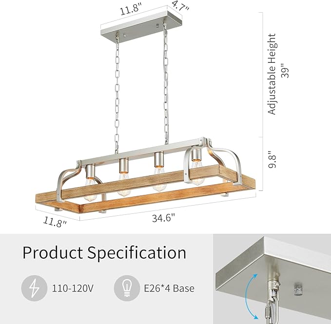 WUZUPS 4-Light Metal Pot Hanging Rack Chandelier Imitation Light Wood Grain Linear Pendant Ceiling Lighting Rustic Farmhouse Fixture Kitchen Island Dining Room, H 9.8" L 34.6" W11.8, E26 Base, Nickel