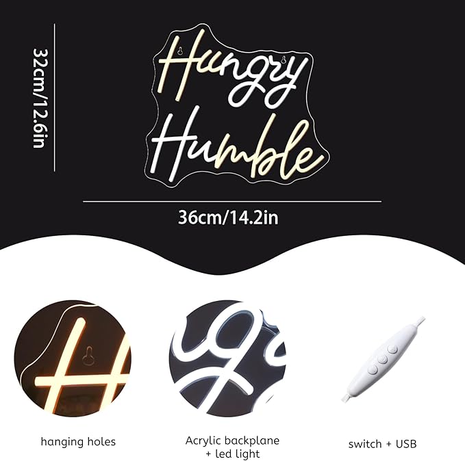 WLHOPE Hungry Humble Neon Sign Led Signs for Gym Wall Decor, Neon Lights Transparent Acrylic Board Sign for Office Classroom Bedroom Decorations Gifts for Gym Lovers