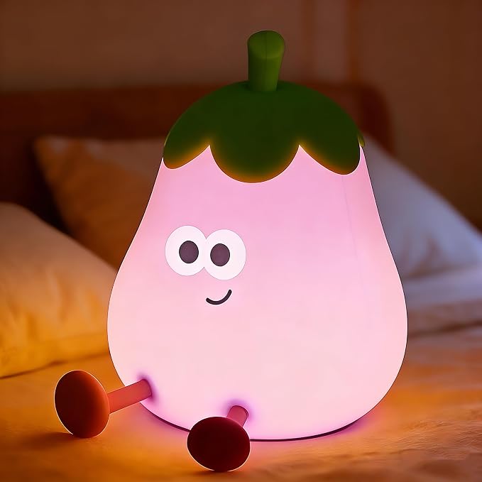 Eggplant Night Light for Kids, Cute Squishy Silicone Lamp, Rechargeable LED Nightlight, 3-Level Dimmable Bedside Lamp for Bedroom Kids Room Decor, Boys and Girls Gifts