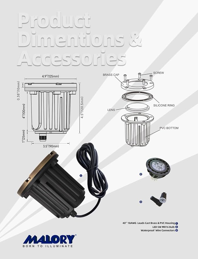 MALORY Low Voltage Landscape Well Lights, (φ126 mm) Brass Top Cover | 12V Outdoor In Ground Lights,Waterproof Uplight,Flat Top, 5W MR16 Bulb ,for Landscaping,Pathway, Driveway, Deck,Garden