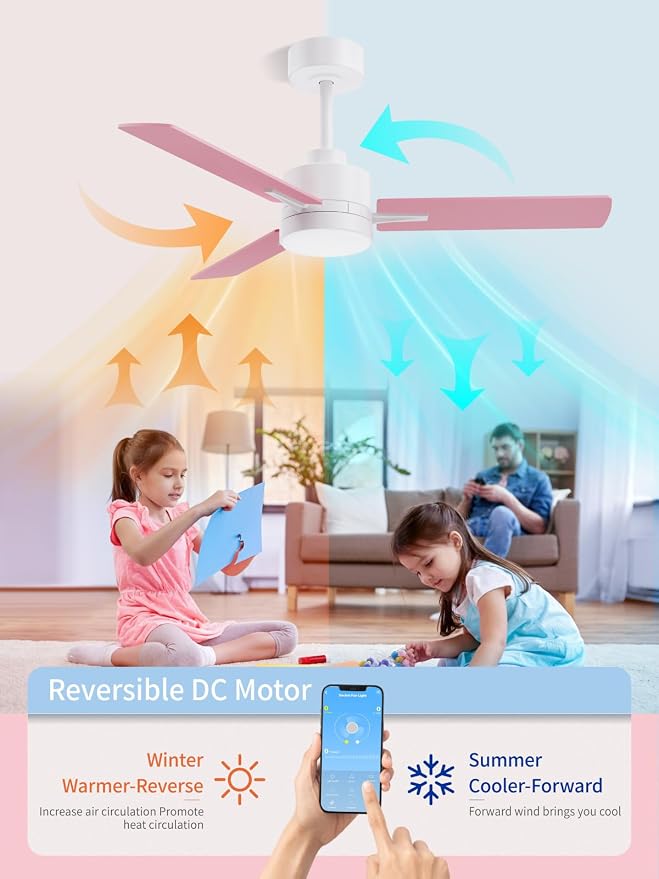 LANMEL Metal Ceiling Fan with Lights and Remote, 42 Inch, Pink & Blue | Modern Low Profile Flush Mount, Reversible, 3CCT Dimmable, Quiet, LED, For Bedroom, Living Room, Indoor/Outdoor Patio Use