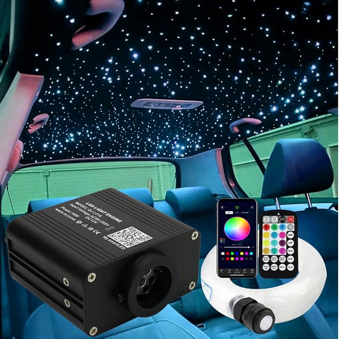 AZIMOM 16W Twinkle & Sound Activate 500pcs*0.03in*9.8ft Fiber Optic Starlight Headliner Kits for Car Home Star Ceiling Sky Decoration, APP& Remote Control Light Engine End Glow Fiber