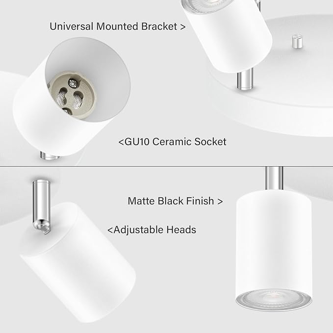 AUQUEE LED 4 Light Track Lighting Kit, LED Track Lighting Fixtures, White Round Ceiling Spot Lighting, Flexibly Rotatable Light Head for Kitchen, Living Room, Bedroom, GU10 Bulb Not Included