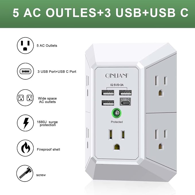 Wall Charger, Surge Protector, QINLIANF 5 Outlet Extender with 4 USB Charging Ports, 3-Sided 1680J Power Strip Multi Plug Adapter Spaced for Home Travel Office
