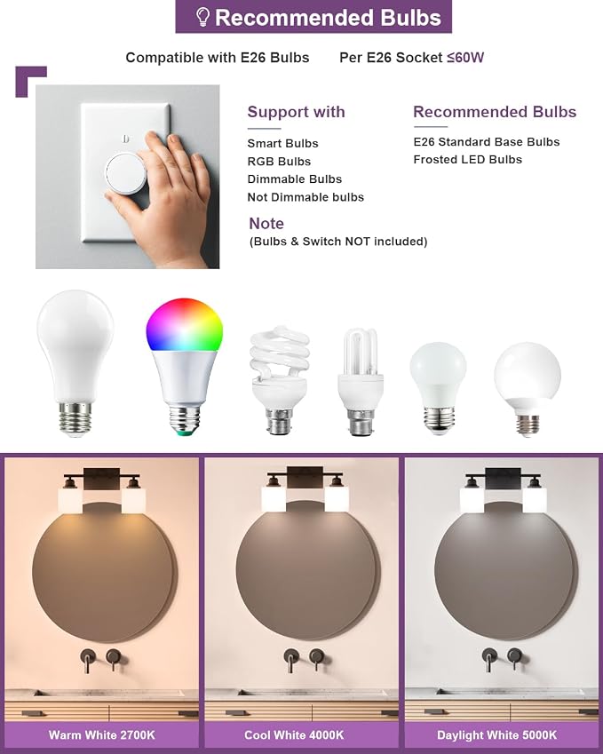 Modern Bathroom Lights - 2-Light Vanity Fixtures with Milky White Glass Shades, Anti-Rust Matte Black Finish, E26 Base