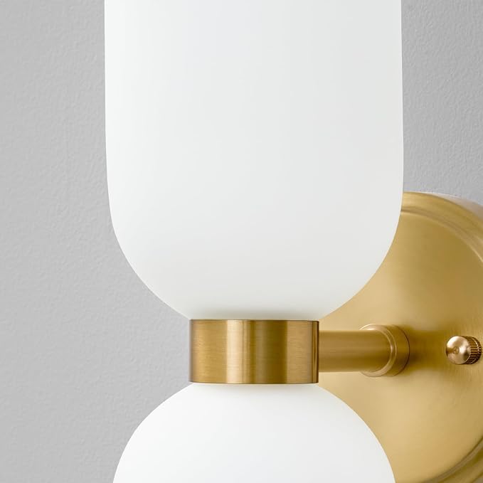 Mid Century Bathroom Wall Sconce: Set of 2 Gold Brass Milk Glass Decor | Modern Brushed Double Indoor Hardwired Light with Dimmable Bulb, Frosted White Vanity Sconces for Bedroom Hallway Living Room