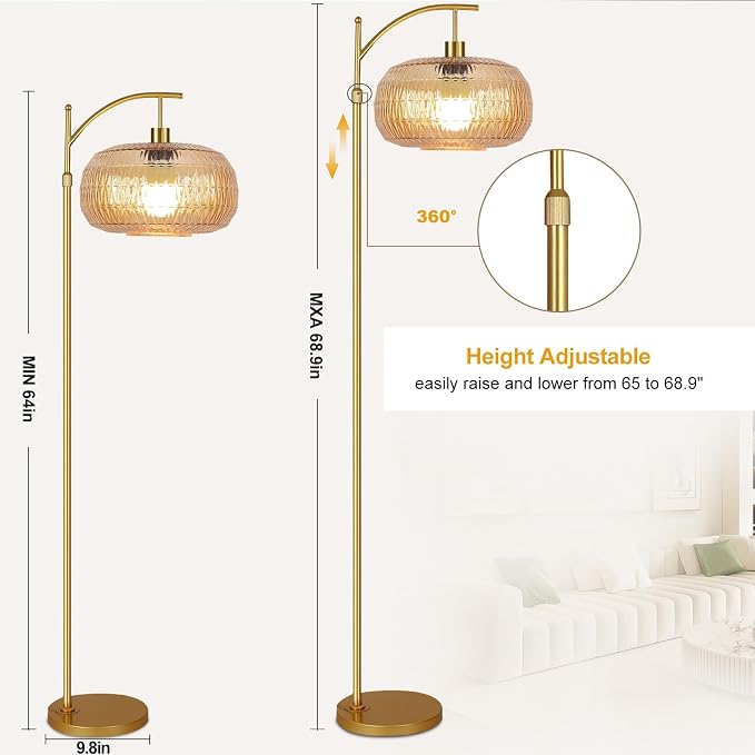 ILLMTW Glass Floor Lamp for Living Room,Bedroom,Gold Mid Century Modern Standing Lamp with Remote,Dimmable Brass Tall Lamp Amber Lamp Vintage Retro Arc Floor Lamps Floor Light Boho Bohemian