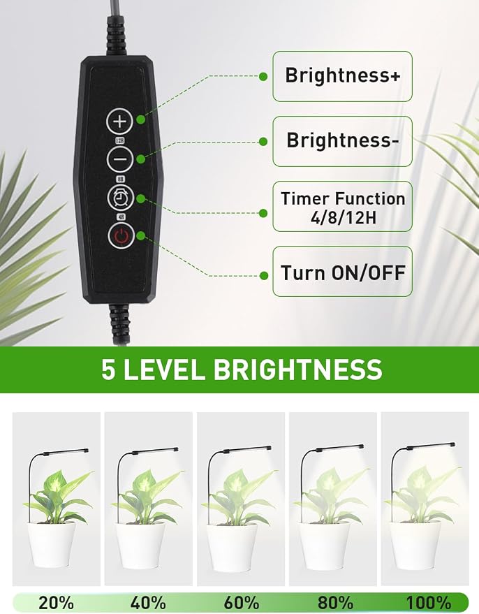 Grow Lights for Indoor Plants Full Spectrum, Plant Lights for Indoor Growing, 48 LEDs Ground Plug Grow Light with Gooseneck, Auto Timer & Dimmable Settings, Ideal for Small and Indoor Plants, 2 Packs