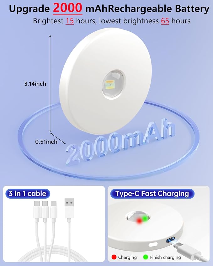 Puck Lights with Remote, 2000mAH Battery Operated, Rechargeable Shelf Light, Wireless,Color Changing Magnetic Light, Display Curio Cabinet,Bookcase,Under Cabinet Lighting (White, 3PACK)