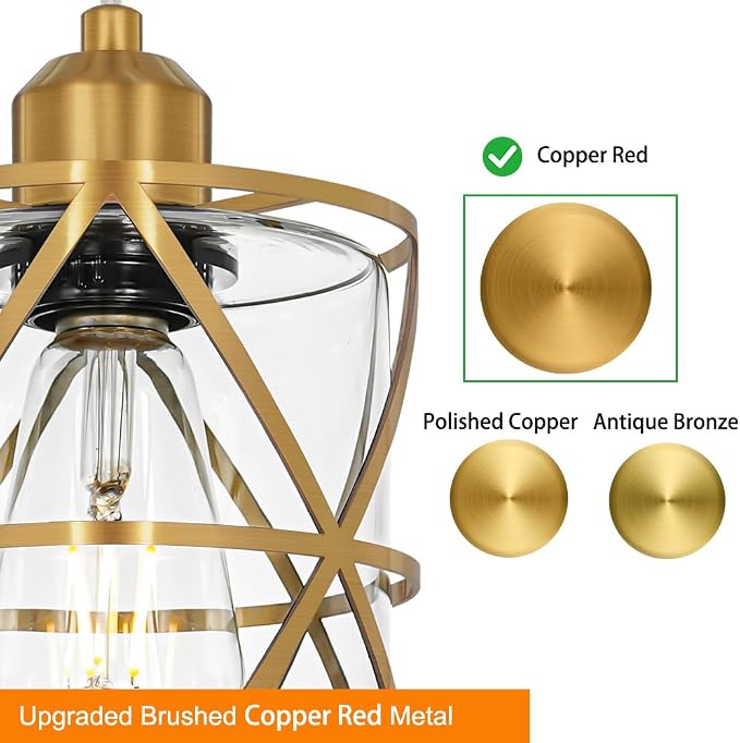 Gold Pendant Lights Kitchen Island Set of 2 , Adjustable Hanging Lights with Clear Glass, Industrial Ceiling Pendant Light for Hallway, Decor, E26 Base - 5.51''Shade,59.06'' Cord(Bulbs Not Included)