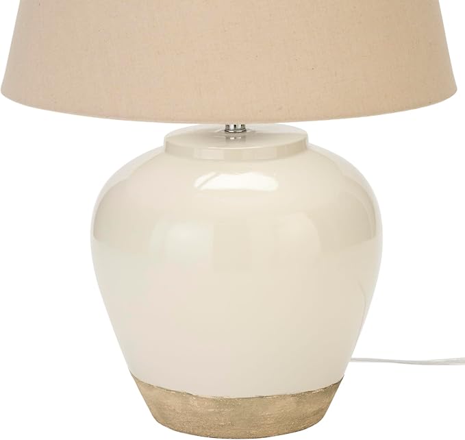 Nourison Home 20" Two-Tone White and Tan Glossy Ceramic Table Lamp, Bedside Nightstand Lamp with Warm Beige Shade for Bedroom, Living Room, Entryway