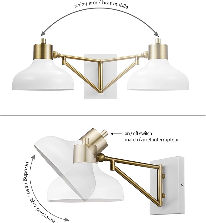 Globe Electric 51344 1-Light Plug-in or Hardwire Swing Arm Wall Sconce, White, Brass Accents, White-Cloth Cord, Mounted Bedside Lamp, Kitchen Sconces Wall-Lighting, Bulb Not Included