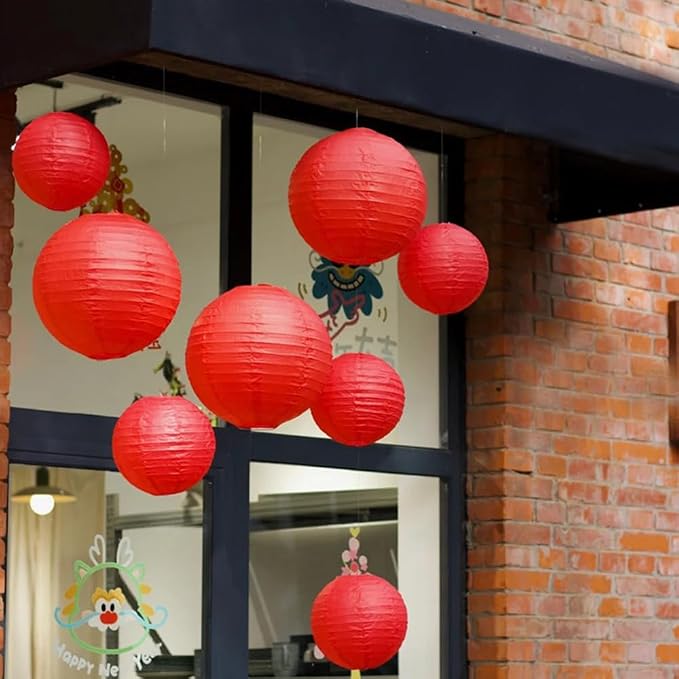 12Pcs 6,8,10,12 Inch Mixed Sizes Red Paper Lanterns Decorative Chinese, Japanese Hanging Round Paper Lanterns Lamp for Birthday, Wedding, Christmas, Bridal, Home Decor, Party Decoration