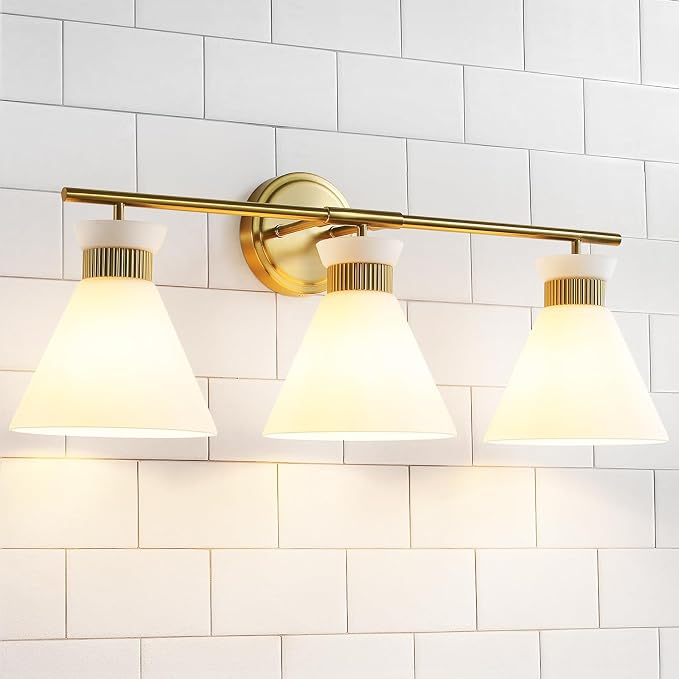 WOSHITU Bathroom Vanity Light Fixtures: 3-Lights Mid Century Modern Vanity Lights for Bathroom Over Mirror, Brushed Gold Wall Sconce Lighting with Frosted Milky Glass Shade for Bath Living Room