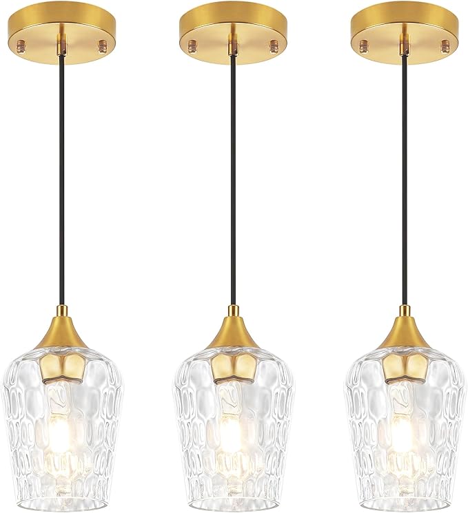 3 Pack Gold Pendant Lights Kitchen Island, Modern Hammered Glass Pendant Lighting Over Island, Hanging Kitchen Light Fixtures Over Sink Adjustable Mini Pendant Light for Bathroom Hallway Dining Room