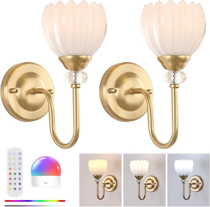 Set of 2 Vintage Battery Operated Wall Sconce, Rechargeable Wall Lamp with 5000mAh Battery & Remote Control, Dimmable Wall Lights with tulip shade for Bedroom Bathroom Living Room, (Tulip White Up)