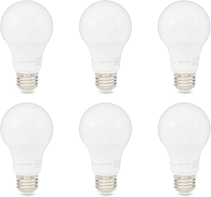 Amazon Basics LED Light Bulbs, Energy Efficient 6W, 40 Watt Equivalent, E26 Standard Base, 2700, Dimmable, 10,000 Hour, Soft White, 6 Count