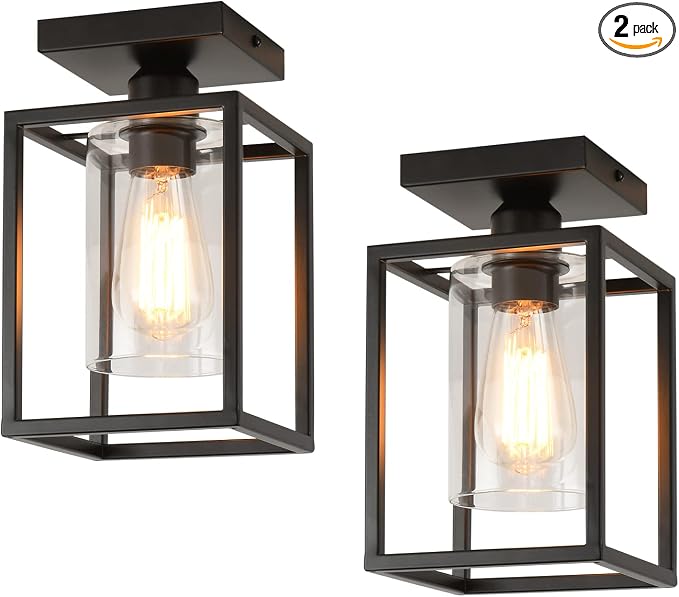 2 Pack Semi Flush Mount Ceiling Light, Black Metal Frame with Clear Glass Shade, Farmhouse Light Fixture for Kitchen, Island, Entryway, Porch, Foyer, Dining Room