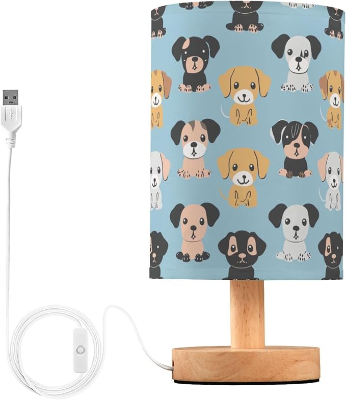 Fustylead Cute Puppy Dogs Blue Bedside Table Lamps with USB Port for Bedroom Lamp Accent Table Lamp Small Nightstand Lamp Sturdy Linen Shade Wooden Base Decorative Lamps for Kids|Reading|Dorm|Home