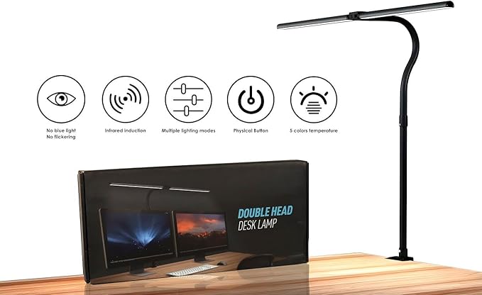 LED Desk Lamp with Clamp, Dimmable Gooseneck Task Light for Home Office, Eye-Caring Study Lamp, Adjustable Clip-On Light for Workbench & Small Desk – Black