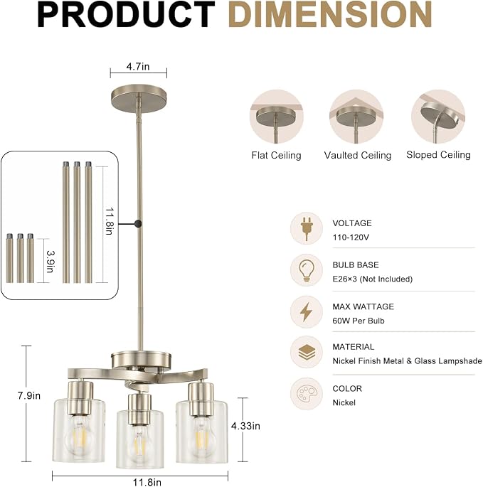 Modern Dining Room Chandelier, 3-Light Brushed Nickel Pendant Light | Industrial Pendant Light, Clear Glass Shade, Adjustable Height, E26, Dimmable