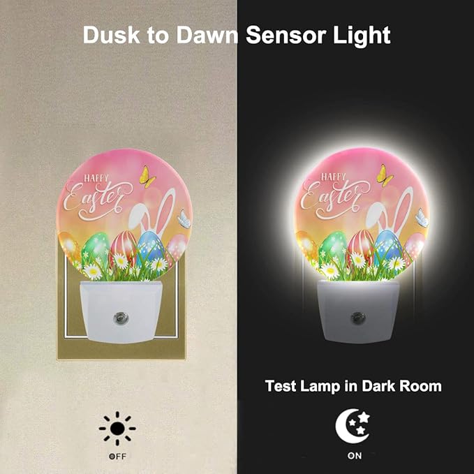 Easter Bunny Eggs Night Light Butterfly Green Grass Spring Farmhouse Dusk to Dawn Plug-in Nightlight Auto Sensor for Bedroom Bathroom Hallway Living Room