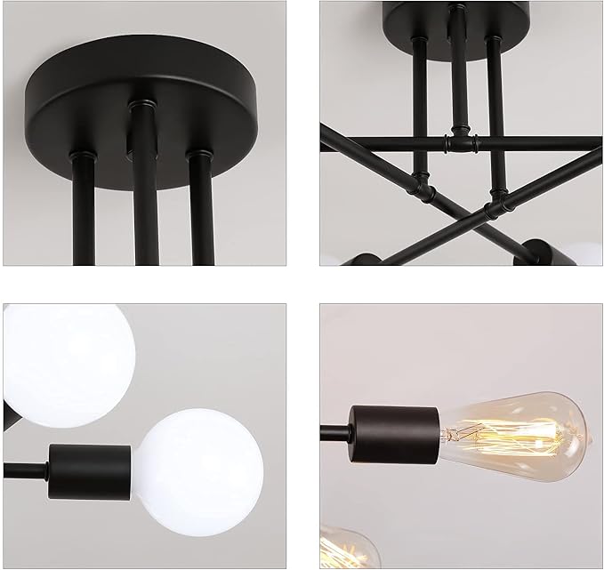 Black Modern Sputnik Chandelier Ceiling Light Fixtures,6-Lights Industrial Metal Semi Flush Mount Ceiling Light for Bedroom Dining Room Living Room Kitchen Hallway UL Listed